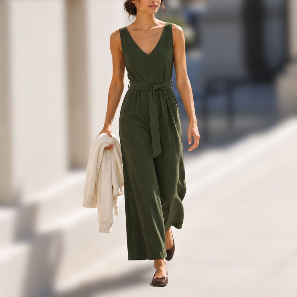 Old Navy Ponte Knit Jumpsuit M Olive Green Wide Leg Ankle Tie Waist Sleeveless